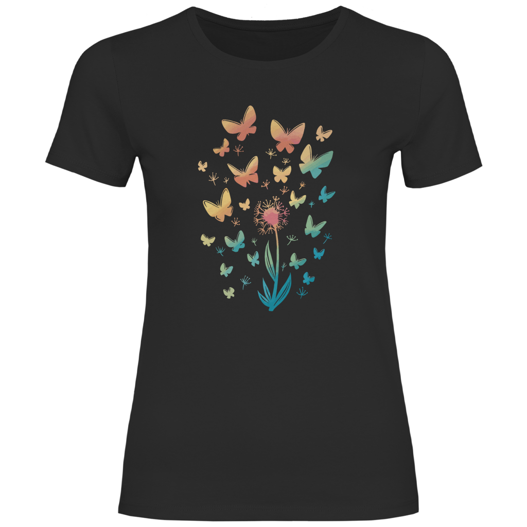 Damen T-Shirt "Pusteblume mit Schmetterlingen" schwarz