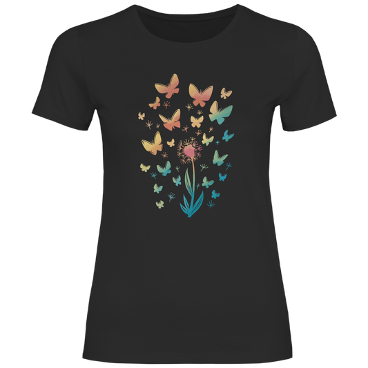 Damen T-Shirt "Pusteblume mit Schmetterlingen" schwarz