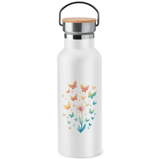 Edelstahl-Trinkflasche mit Bambusdeckel "Pusteblume mit Schmetterlingen"