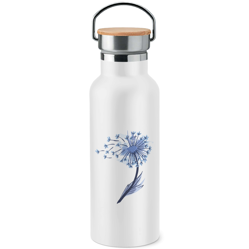 Edelstahl-Trinkflasche mit Bambusdeckel "Pusteblume im Wasserfarben-Stil"