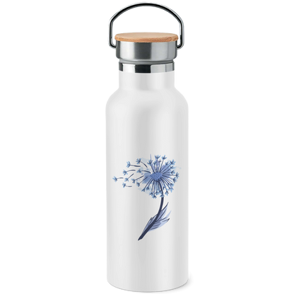 Edelstahl-Trinkflasche mit Bambusdeckel "Pusteblume im Wasserfarben-Stil"