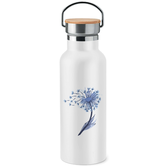 Edelstahl-Trinkflasche mit Bambusdeckel "Pusteblume im Wasserfarben-Stil"
