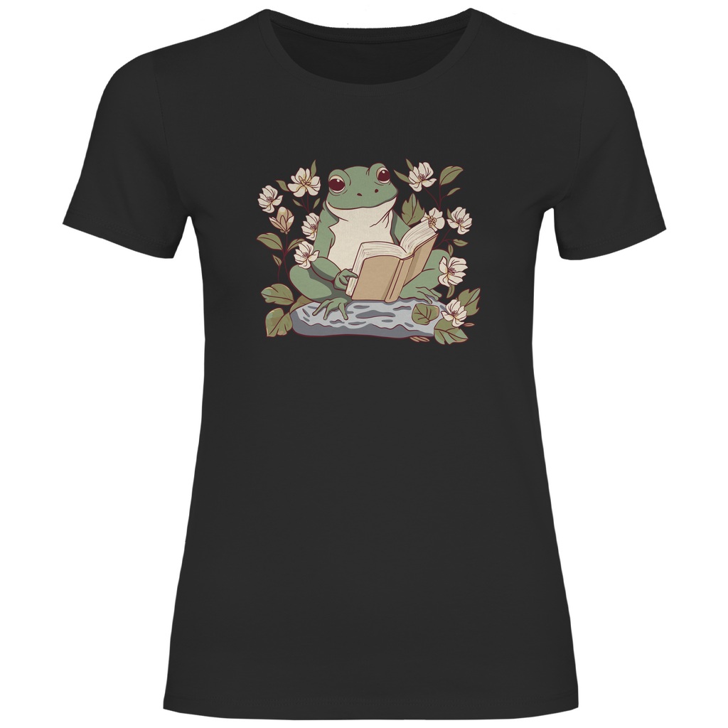 Damen T-Shirt "Frosch liest Buch" schwarz