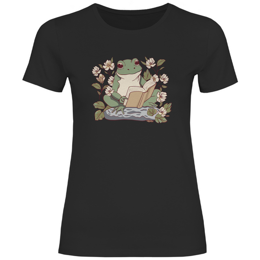 Damen T-Shirt "Frosch liest Buch" schwarz