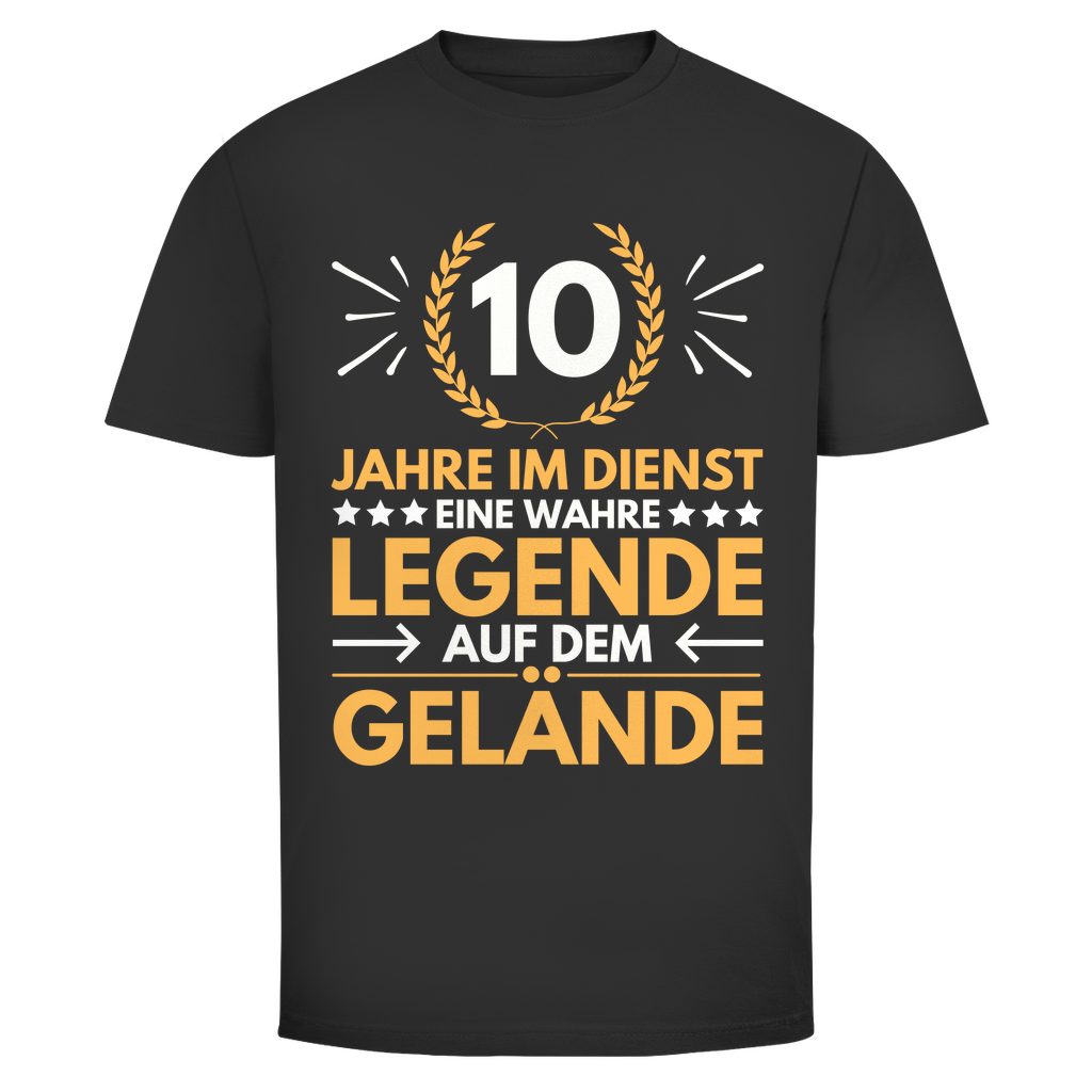 Herren T-Shirt "10 Jahre im Dienst - eine wahre Legende" (Orangenes Motiv) schwarz