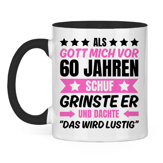 Tasse "Als Gott mich vor 60 Jahren schuf" (Pinkes Motiv) weiß/schwarz