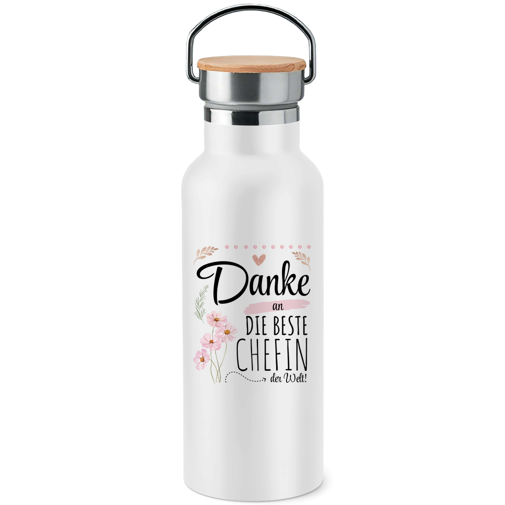 Edelstahl-Trinkflasche mit Bambusdeckel "Danke an die beste Chefin der Welt"