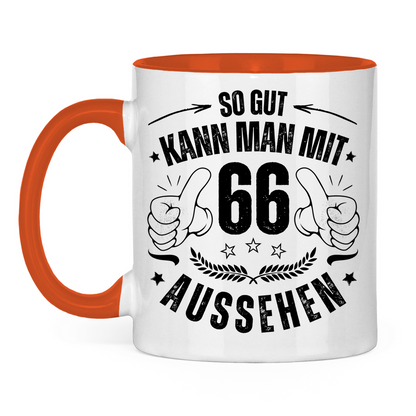 Tasse zweifarbig "So gut kann man mit 66 aussehen" weiß/orange