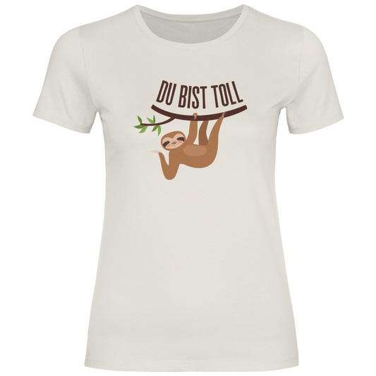 Damen T-Shirt "Du bist toll" (Faultier-Motiv) beige