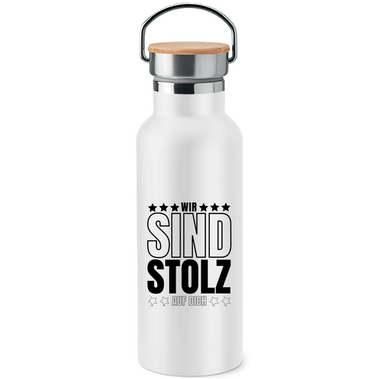 Edelstahl-Trinkflasche mit Bambusdeckel "Wir sind stolz auf dich" (Sternen-Motiv)