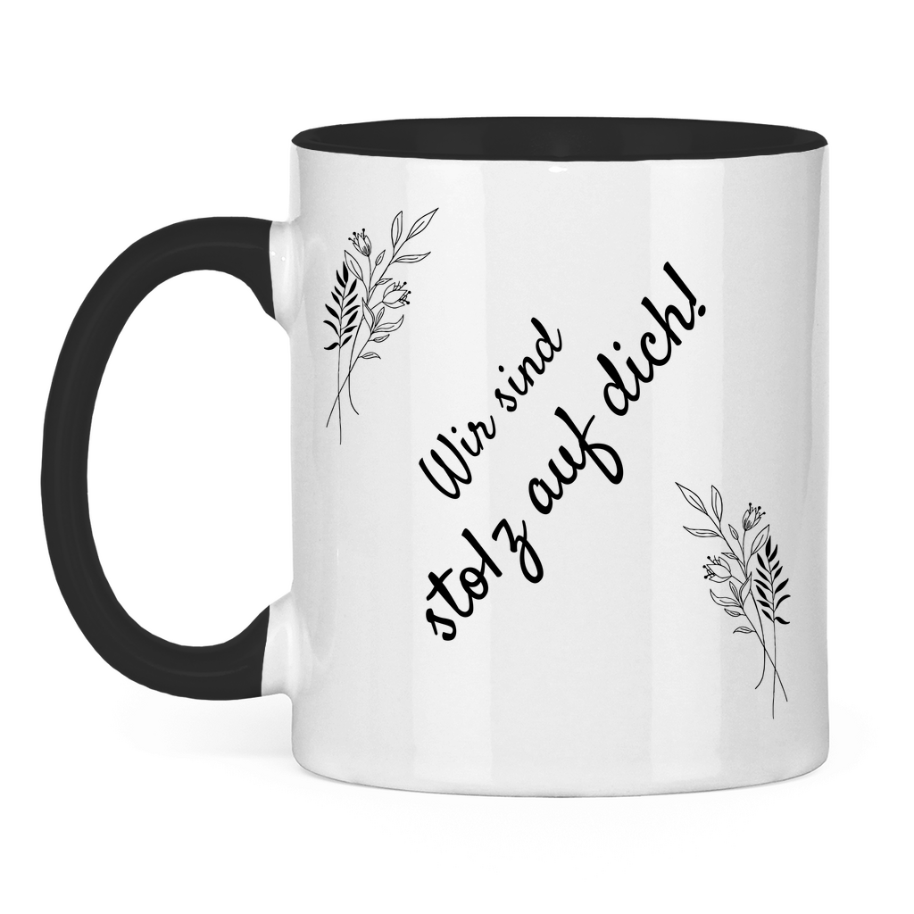 Tasse "Wir sind stolz auf dich" (Blumen-Motiv) schwarz