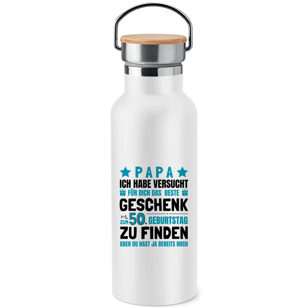 Edelstahl-Trinkflasche mit Bambusdeckel "Papa - Bestes Geschenk zum 50. Geburtstag"