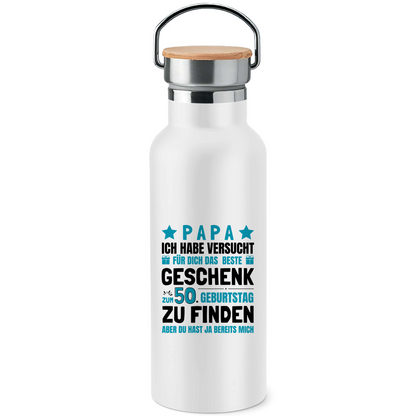 Edelstahl-Trinkflasche mit Bambusdeckel "Papa - Bestes Geschenk zum 50. Geburtstag"