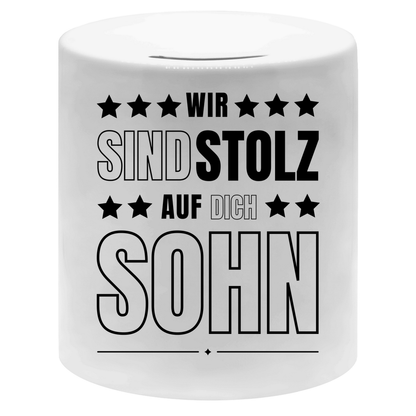Spardose "Wir sind stolz auf dich Sohn"