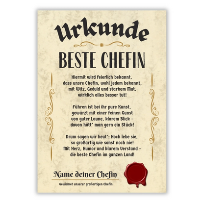 Urkunde "Beste Chefin" (Personalisiert)