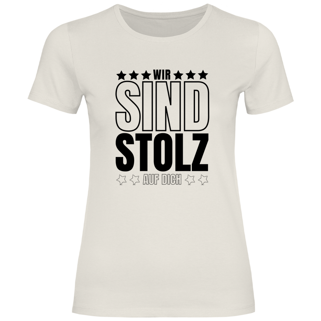 Damen T-Shirt "Wir sind stolz auf dich" (Sternen-Motiv) beige