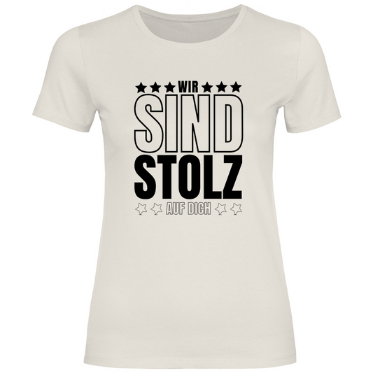 Damen T-Shirt "Wir sind stolz auf dich" (Sternen-Motiv) beige