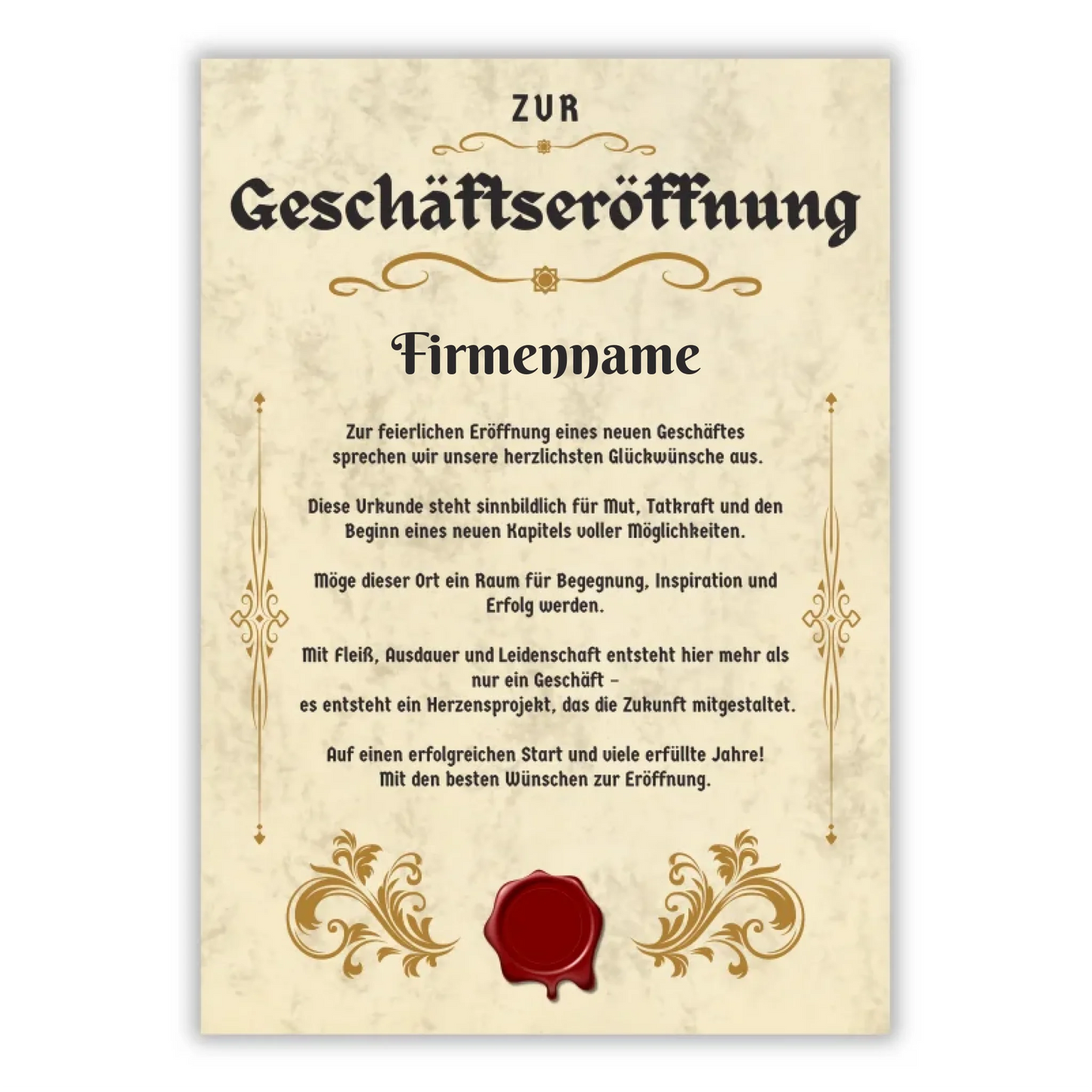 Personalisierte Urkunde zur Geschäftseröffnung