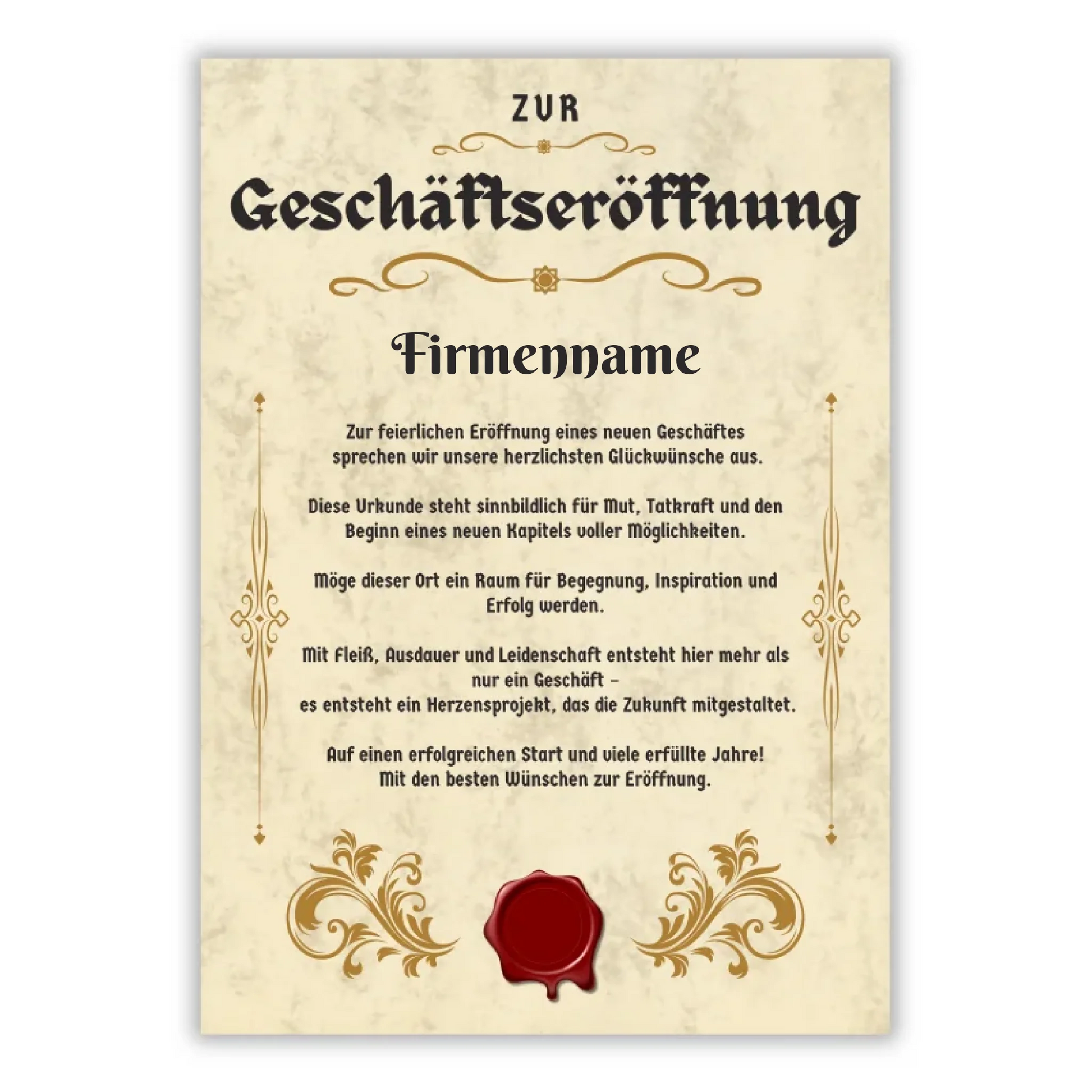 Personalisierte Urkunde zur Geschäftseröffnung