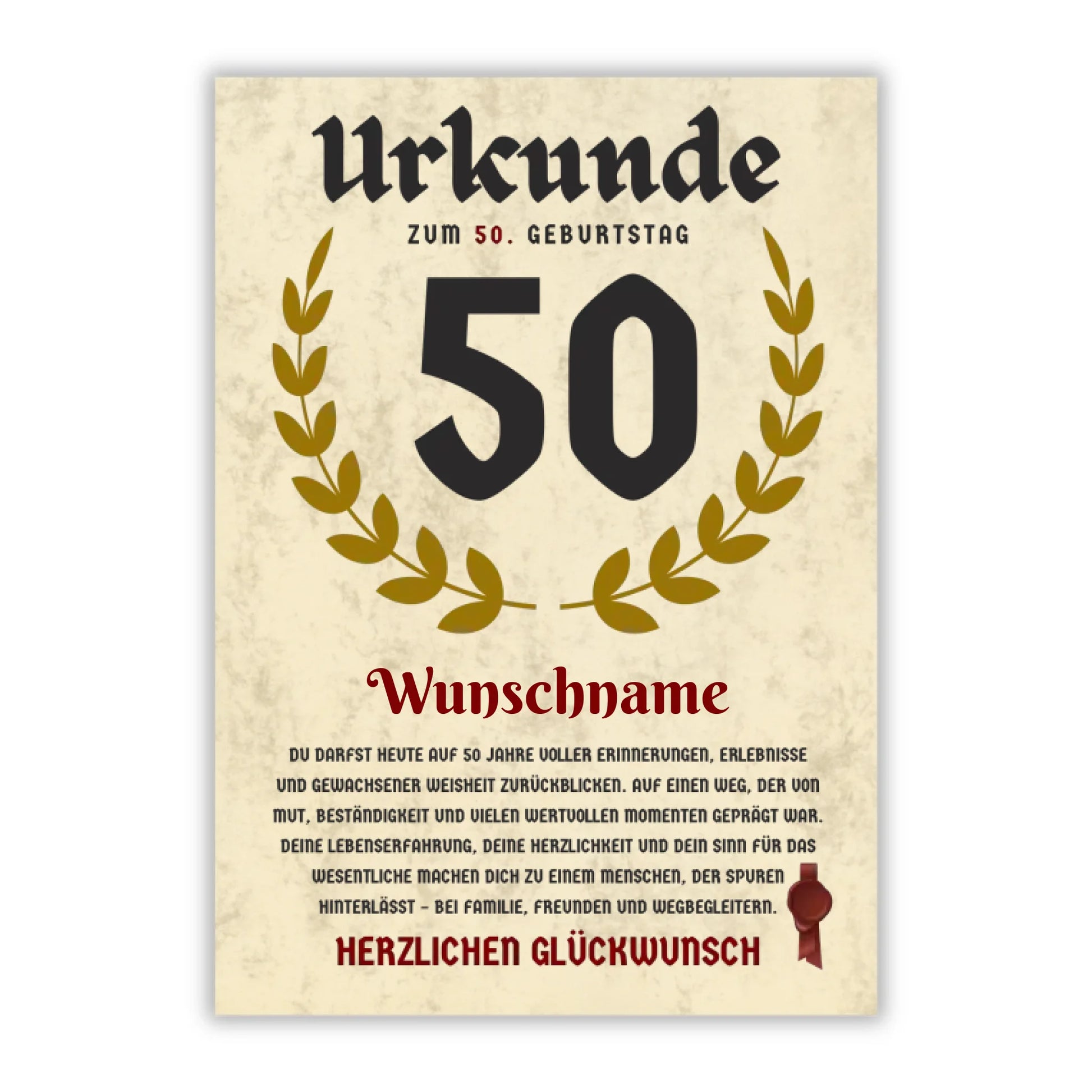 Urkunde "50. Geburtstag" (Personalisiert mit Wunschnamen)