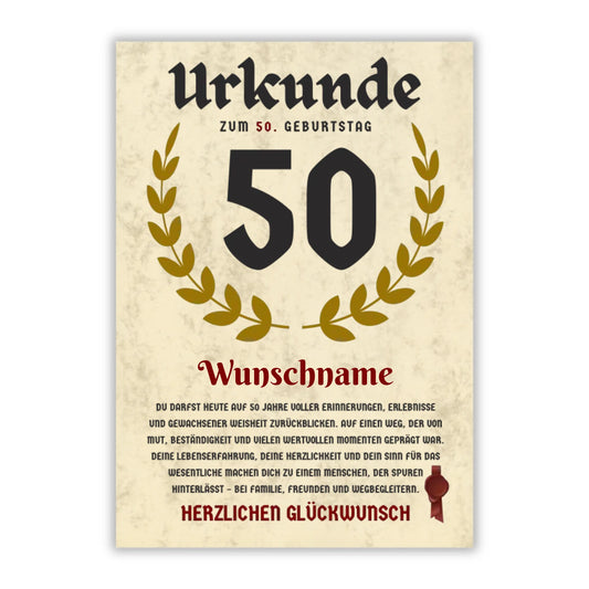 Urkunde "50. Geburtstag" (Personalisiert mit Wunschnamen)