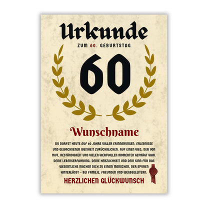 Urkunde "60. Geburtstag" (Personalisiert mit Wunschnamen)