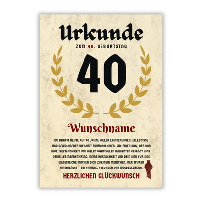 Urkunde "40. Geburtstag" (Personalisiert mit Wunschnamen)