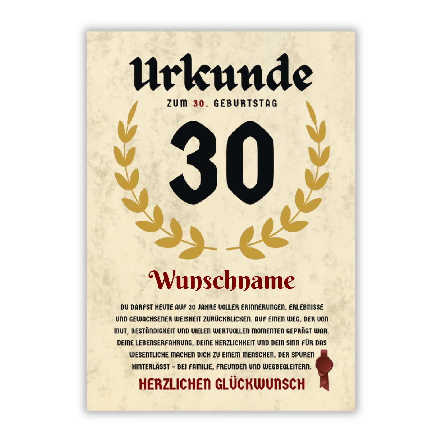 Urkunde "30. Geburtstag" (Personalisiert mit Wunschnamen)