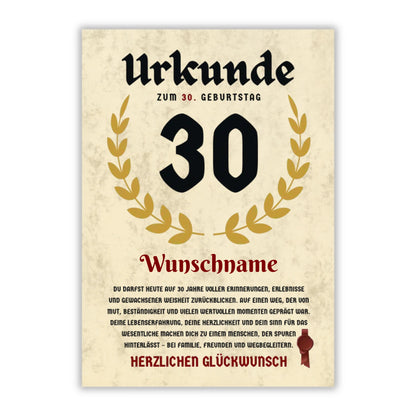 Urkunde "30. Geburtstag" (Personalisiert mit Wunschnamen)