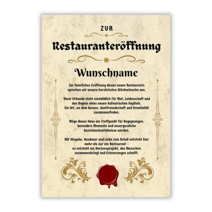 Urkunde "Restauranteröffnung" (Personalisiert mit Wunschnamen)