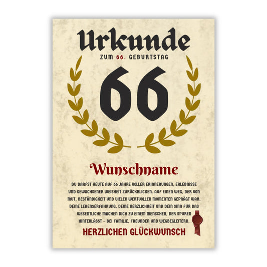 Urkunde "66. Geburtstag" (Personalisiert mit Wunschnamen)