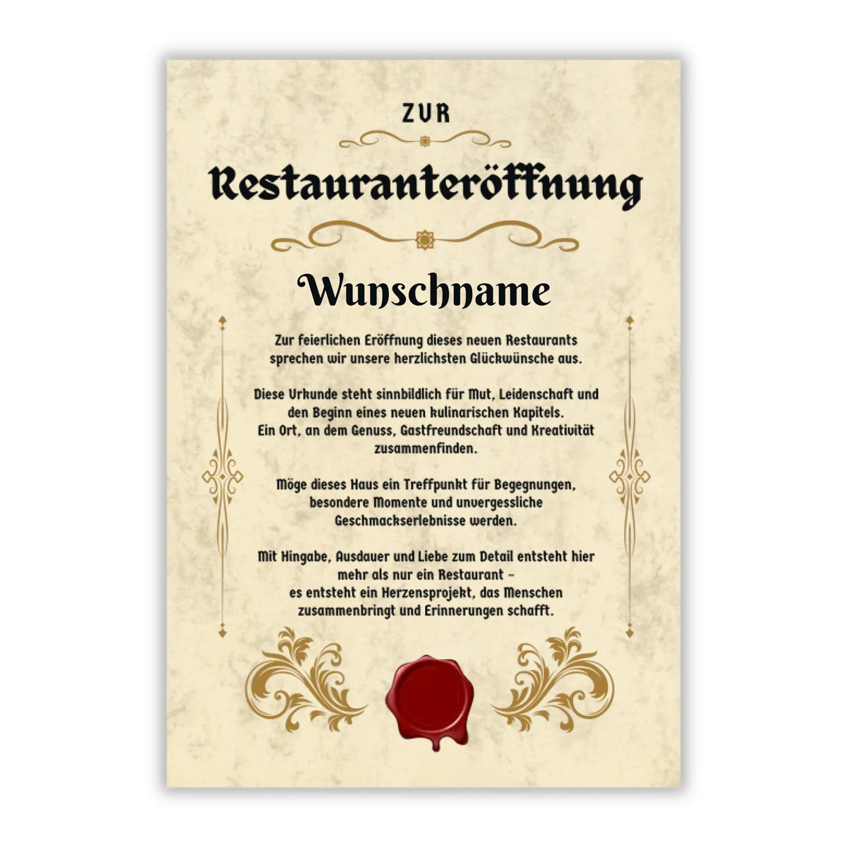Urkunde "Restauranteröffnung" (Personalisiert mit Wunschnamen)
