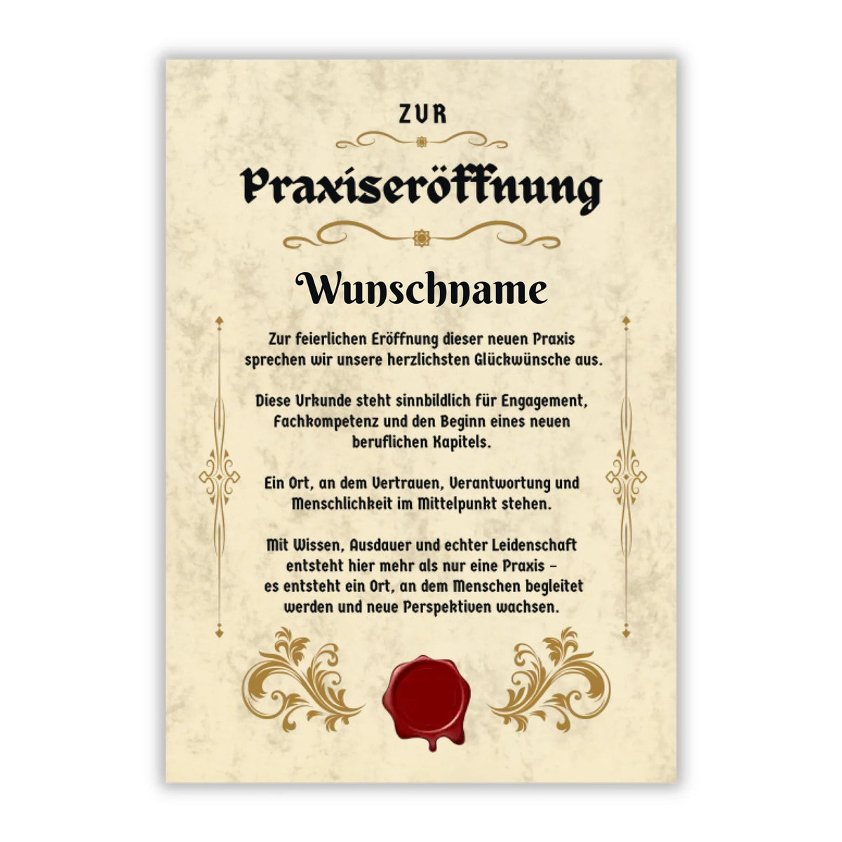 Urkunde "Praxiseröffnung" (Personalisiert mit Wunschnamen)