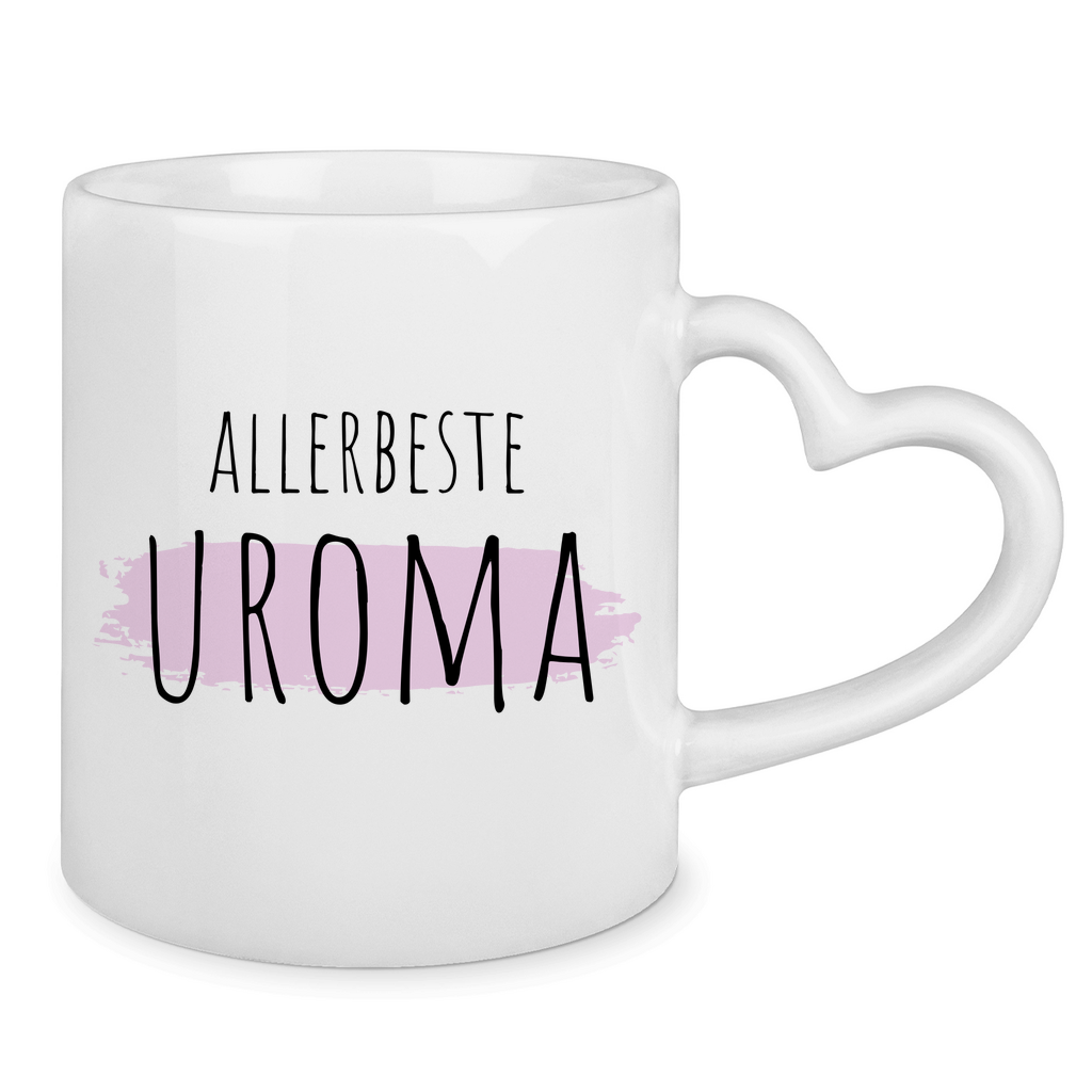 Tasse mit Herzhenkel "Allerbeste Uroma" (Hintergrund-Motiv)