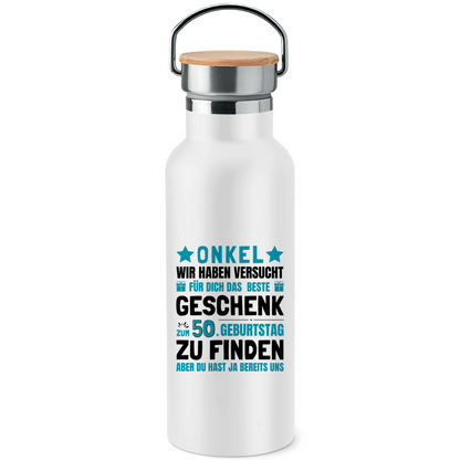 Edelstahl-Trinkflasche mit Bambusdeckel "Onkel 50. Geburtstag Geschenk"