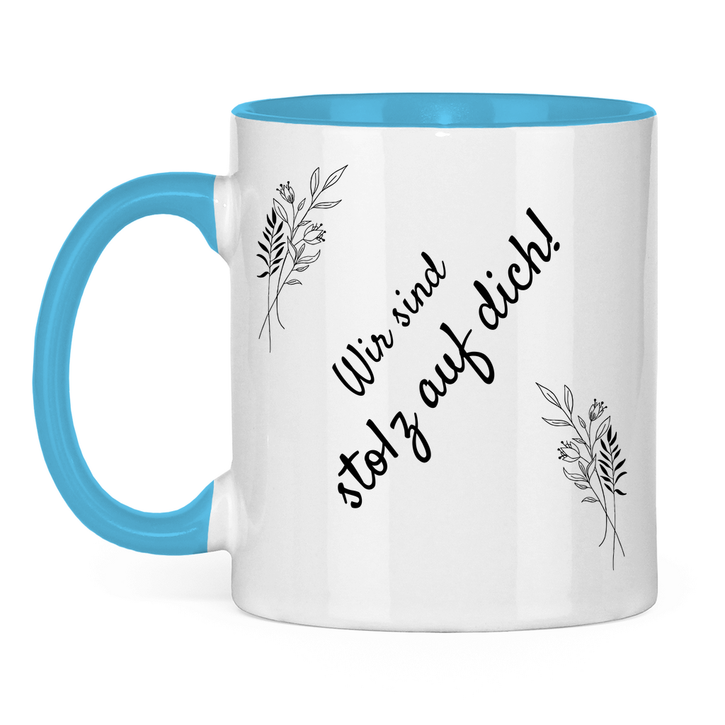 Tasse "Wir sind stolz auf dich" (Blumen-Motiv) hellblau