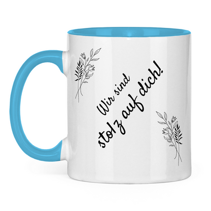 Tasse "Wir sind stolz auf dich" (Blumen-Motiv) hellblau