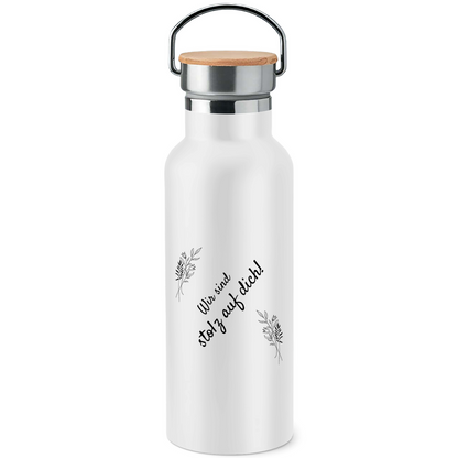 Edelstahl-Trinkflasche mit Bambusdeckel "Wir sind stolz auf dich" (Blumen-Motiv)