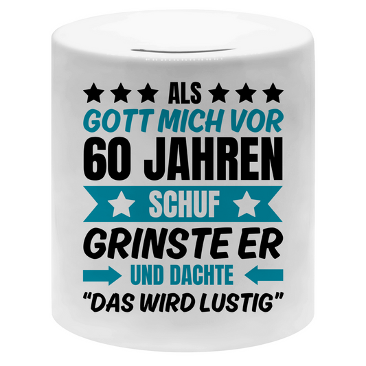 Spardose "Als Gott mich vor 60 Jahren schuf" (Blaues Motiv)