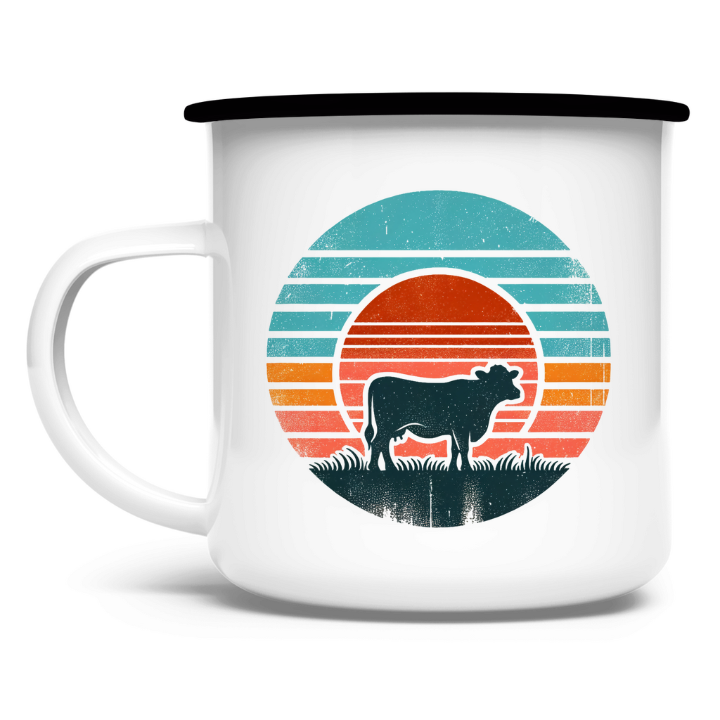 Emaille Tasse "Kuh Retro Motiv" schwarz