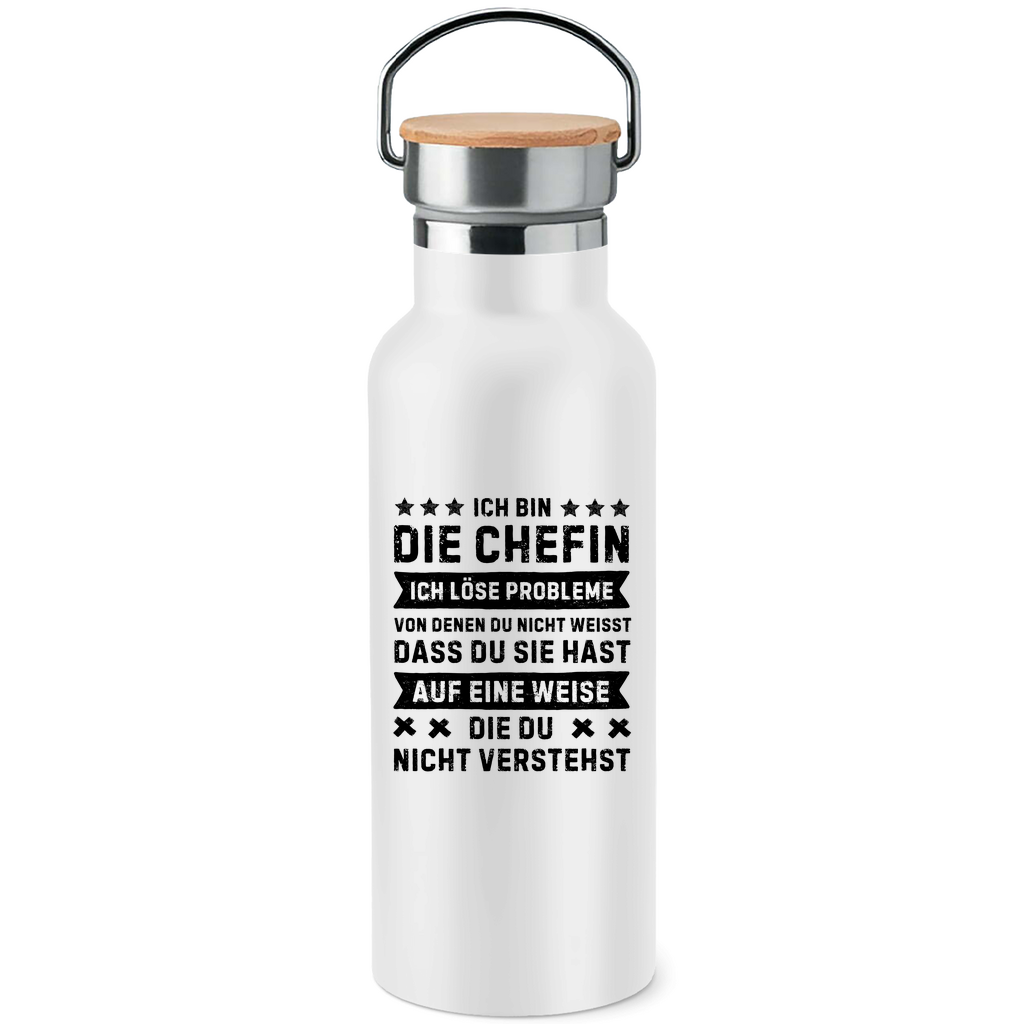 Edelstahl-Trinkflasche mit Bambusdeckel "Ich bin die Chefin - Ich löse Probleme"