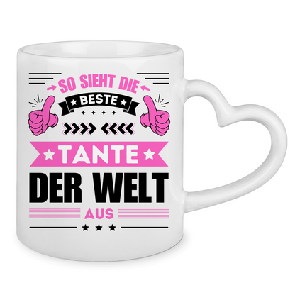 Tasse mit Herzhenkel "So sieht die beste Tante der Welt aus"