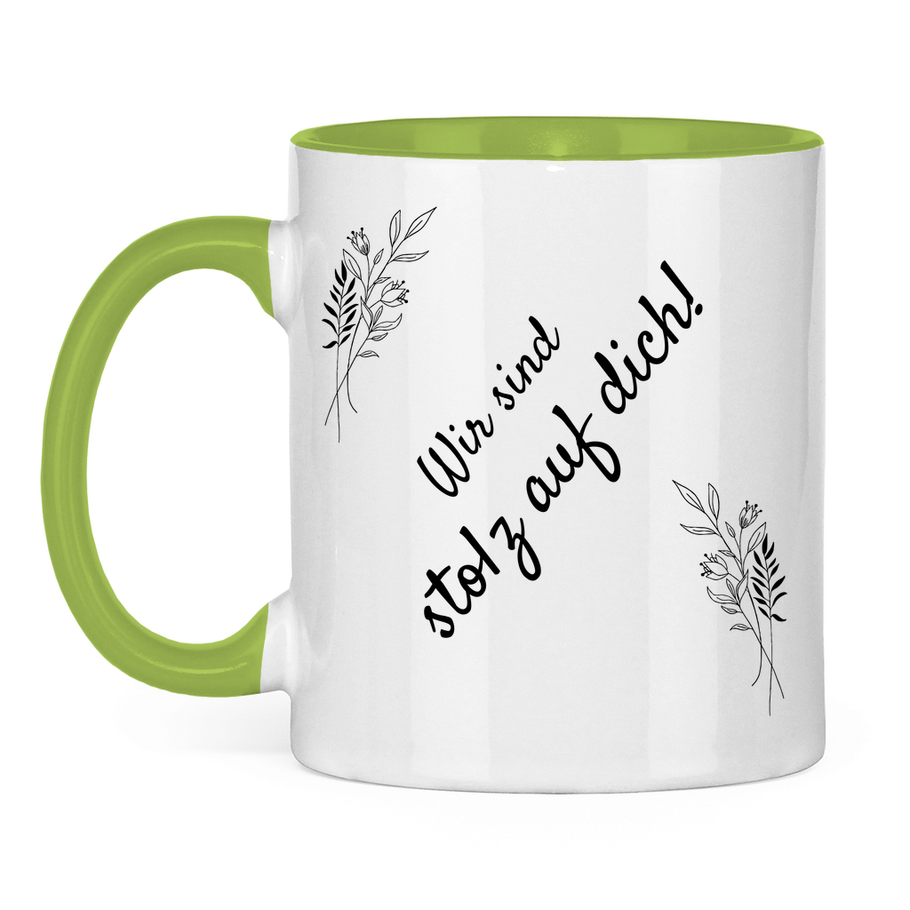 Tasse "Wir sind stolz auf dich" (Blumen-Motiv) hellgrün