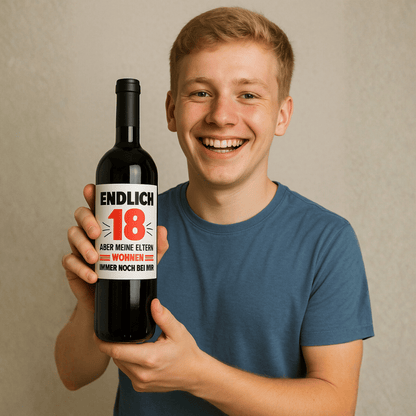 Flaschenetikett 18. Geburtstag "Meine Eltern wohnen immer noch bei mir"