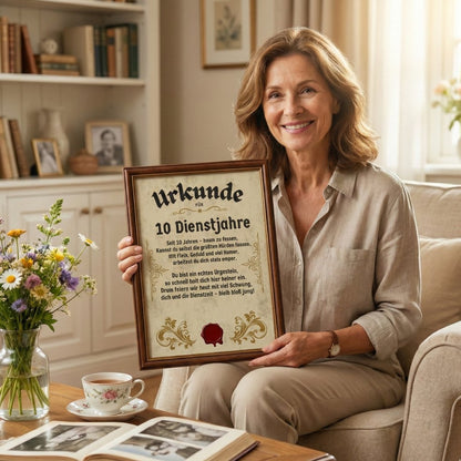 Frau mit Urkunde zum 10 jährigen Betriebsjubiläum