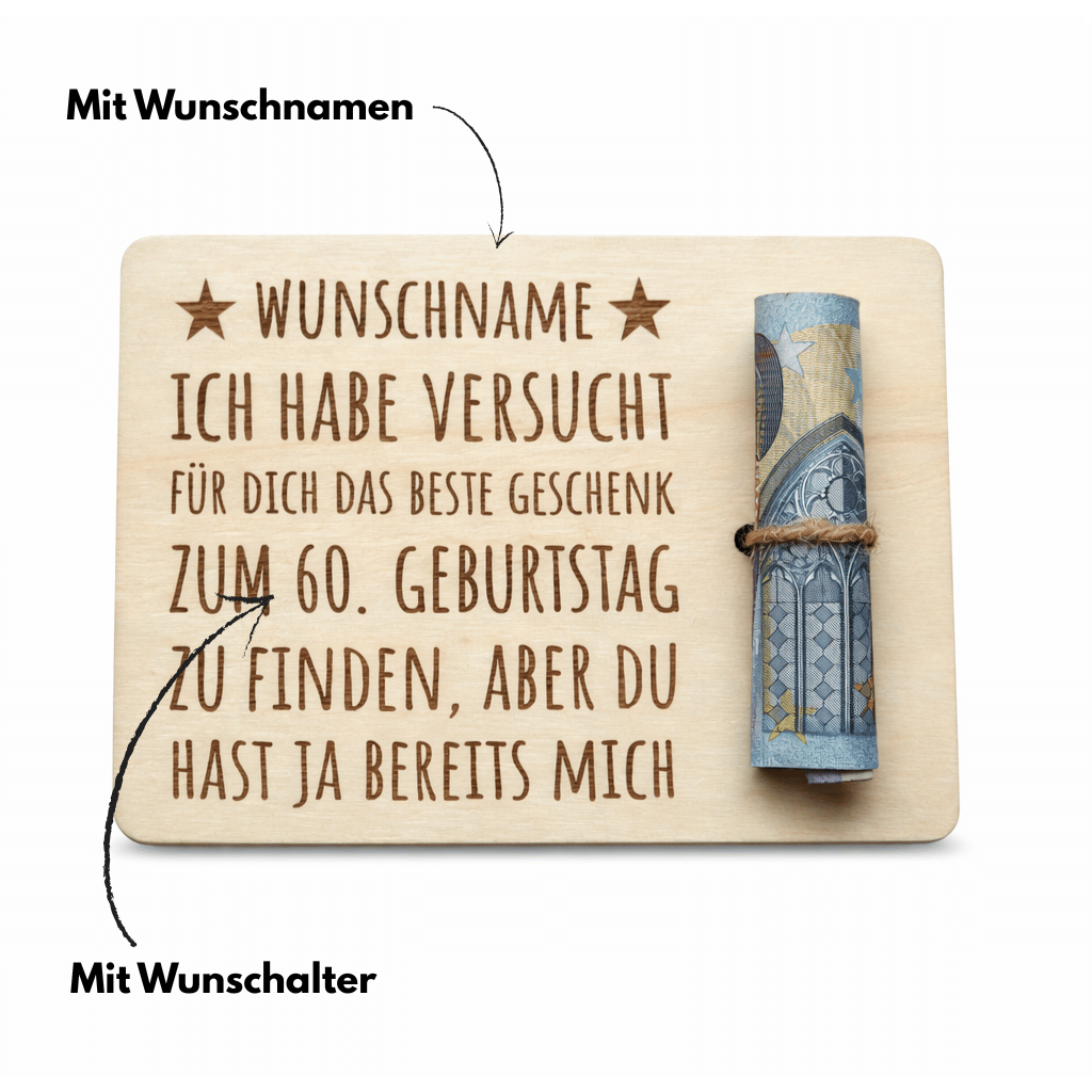 Geldgeschenk Karte Holz Geburtstag personalisiert mit Wunschnamen und Wunschalter