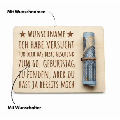 Geldgeschenk Karte Holz Geburtstag personalisiert mit Wunschnamen und Wunschalter