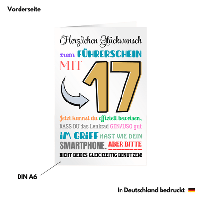 Glückwunschkarte zum Führerschein mit 17 Vorderseite