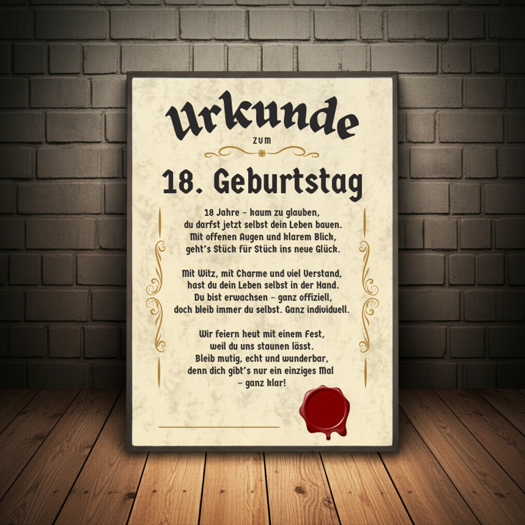 Urkunde zum 18. Geburtstag