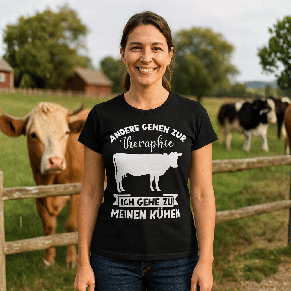 Frauen T-Shirt "Andere gehen zur Therapie, ich gehe zu meinen Kühen"